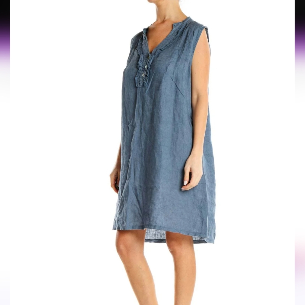 Alessia Pacini Blue Linen Sleeveless Midi Shift Dress In Size XS - Picture 2 of 8